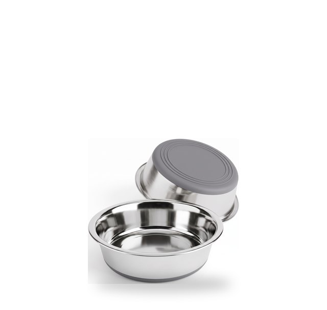 Two 480 ml stainless steel bowls, one upturned to show the dark grey base