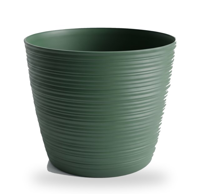 Empty pine green ribbed plant pot in the 16 cm size, on a light background