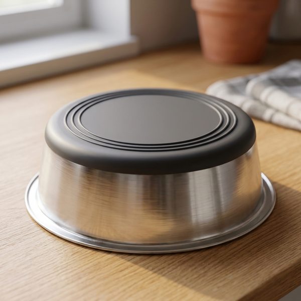 Upturned steel bowl showing the dark grey grooved silicone pad on its underside