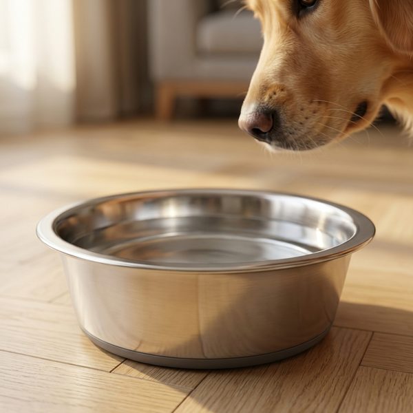 Close-up of the rolled, smooth rim of a steel bowl of water with a dog's nose nearby