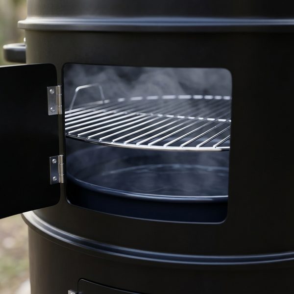 Water pan and chrome-plated grate seen through the open upper door of the smoker