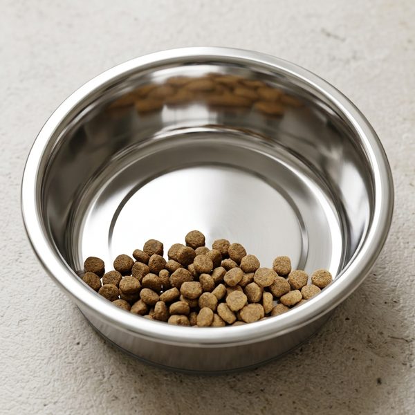 Top-down view into a mirror-polished stainless steel bowl holding dry kibble