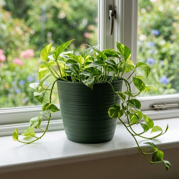 Pine green ribbed pot with a trailing pothos on a white painted windowsill