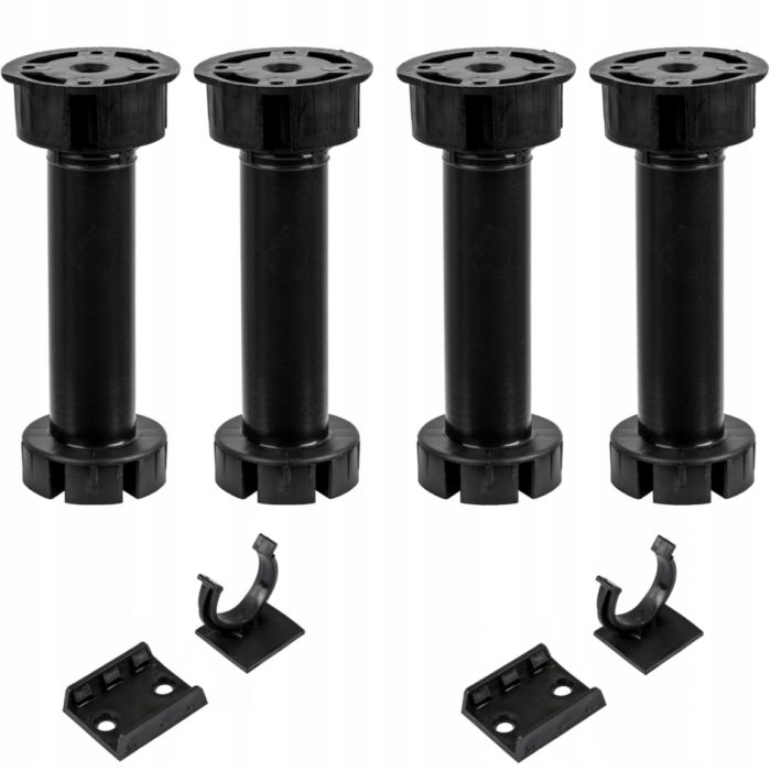 Set of four black adjustable cabinet legs with circular top mounting plates