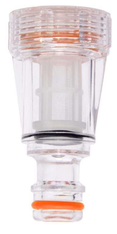 Transparent inline water filter showing the white internal cartridge