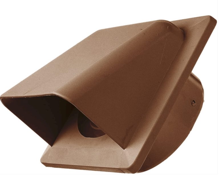 Brown hooded wall vent with a projecting cowl, square mounting plate and round rear connection