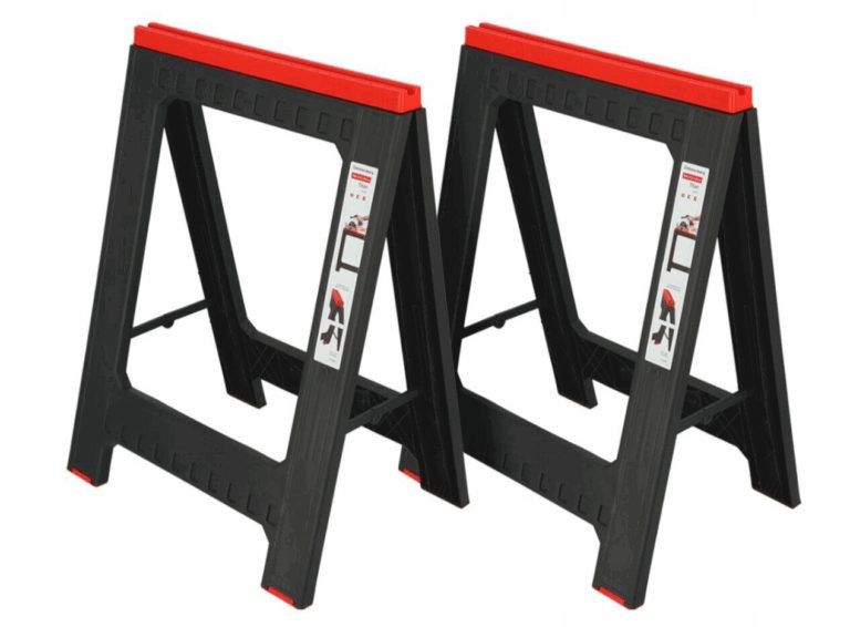 Pair of black folding sawhorses with red top rails and foot caps