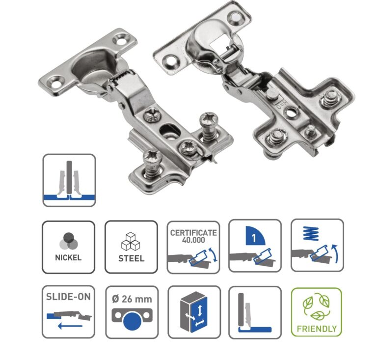 Two views of a nickel-finish 26mm half-overlay cabinet hinge with its mounting plate
