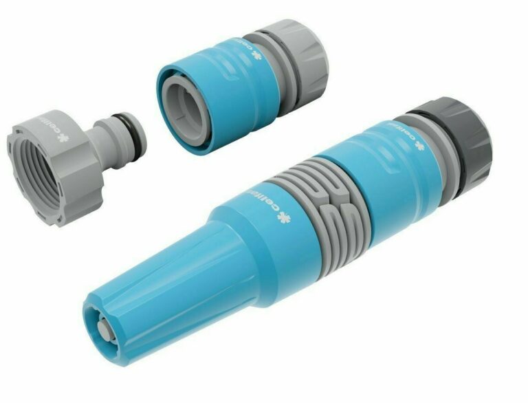 Blue and grey adjustable hose nozzle with quick connectors and a threaded tap adaptor