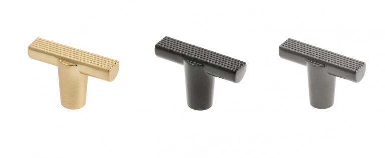 Ray T-bar cabinet knobs with ribbed tops in gold, black and graphite finishes