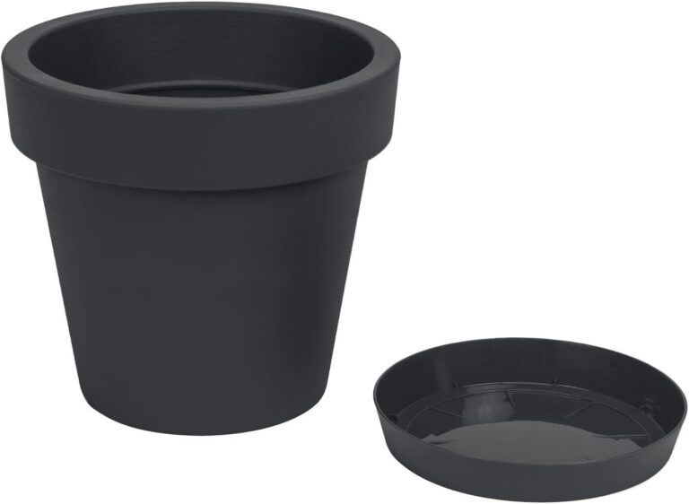 Anthracite round plant pot shown beside its matching round saucer