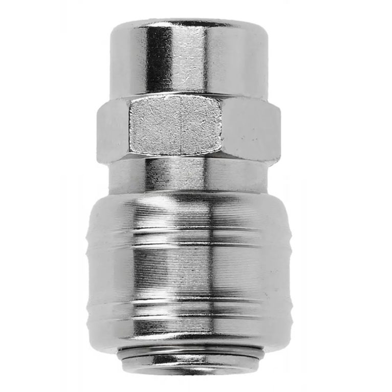 Silver-coloured female pneumatic adaptor with a hexagonal middle and cylindrical coupling sleeve