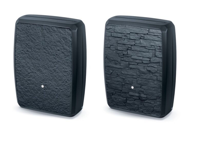 Two views of an anthracite slimline water butt showing its different stone-effect sides