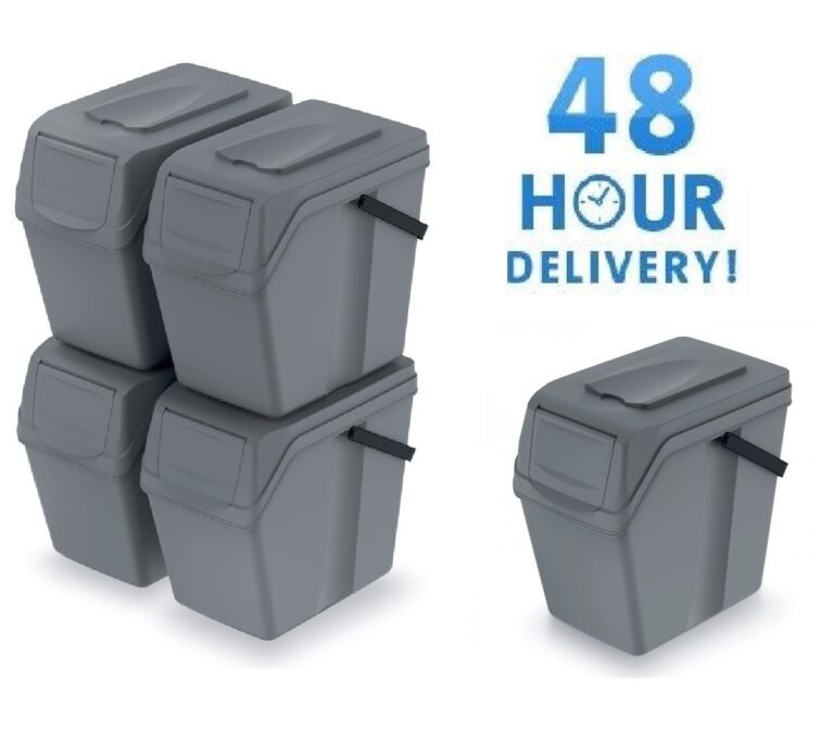 Stone-grey Sortibox recycling bins with lids, showing the stacking arrangement