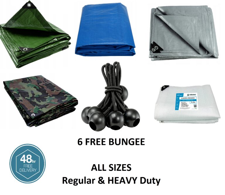 Folded tarpaulins in several colours with black ball bungee ties shown as options