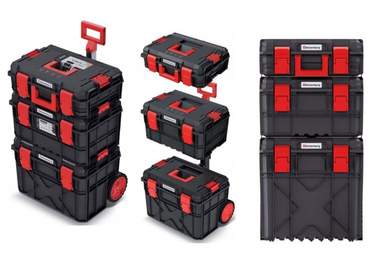 Three black and red modular tool boxes shown stacked, separated and on a wheeled base