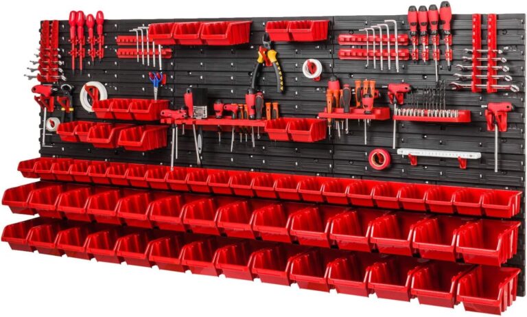 Wide black tool pegboard with red bins and holders, shown with workshop hand tools