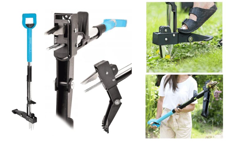 Blue-handled weed puller with close-ups of its steel claws and foot platform, plus garden-use photos
