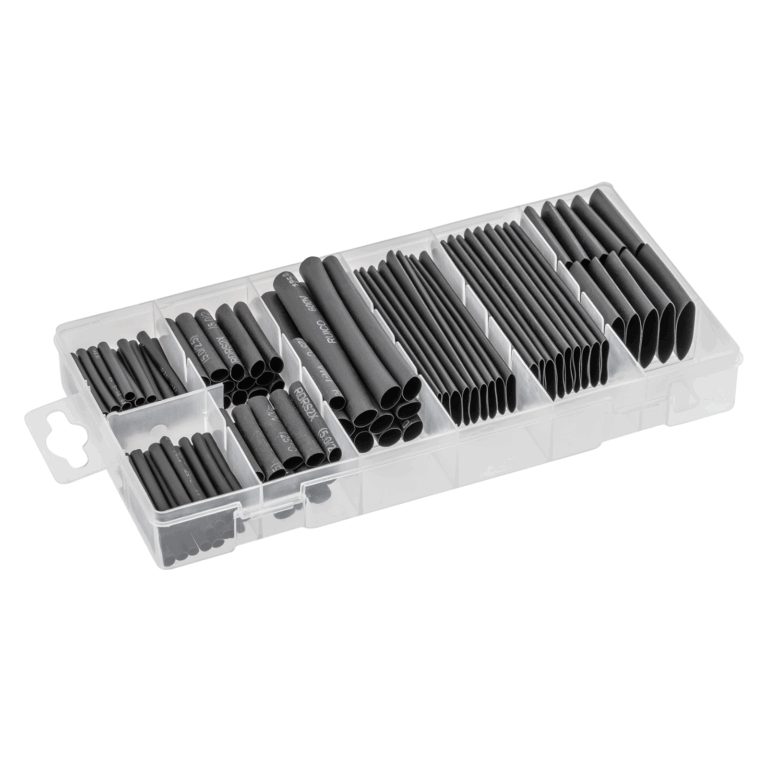 Assorted black heat-shrink sleeves grouped by size in a clear compartment storage box
