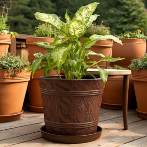 Barrel Planter with Saucer Wood-Effect Round Pot