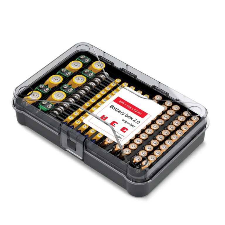 Black battery organiser with a clear lid, shown holding assorted batteries