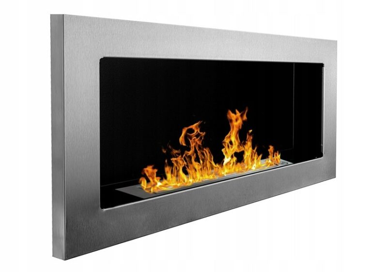 Silver brushed-finish rectangular bioethanol wall fireplace with a black opening and visible flames