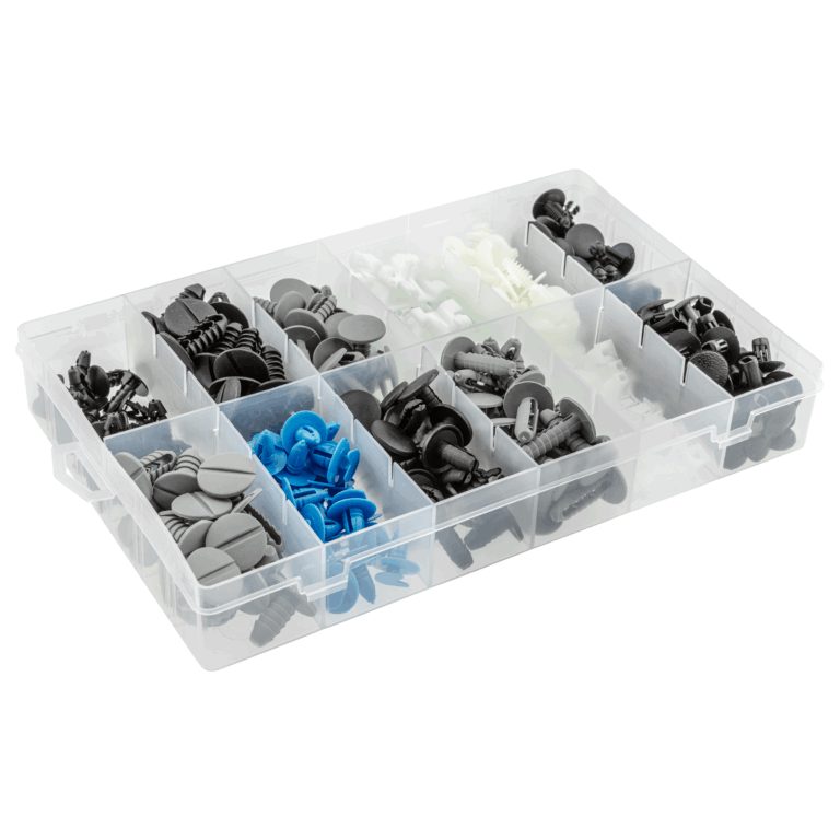 Clear organiser box holding black, white, grey and blue plastic trim clips in separate compartments