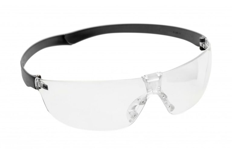 Clear wraparound safety glasses with dark straight temples and a transparent nose bridge