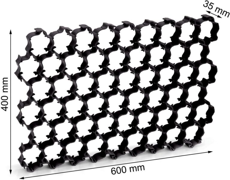 Black interlocking grass grid with a diagram showing 600mm by 400mm and 35mm depth