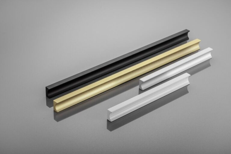 Groove cabinet pull handles shown in different lengths and finishes