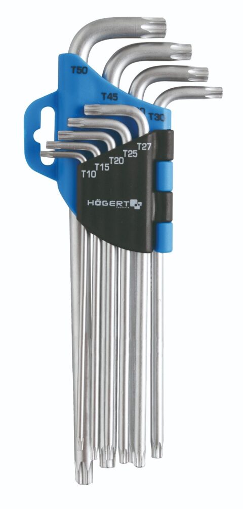 Silver L-shaped Torx keys arranged in a blue and black holder labelled with their sizes