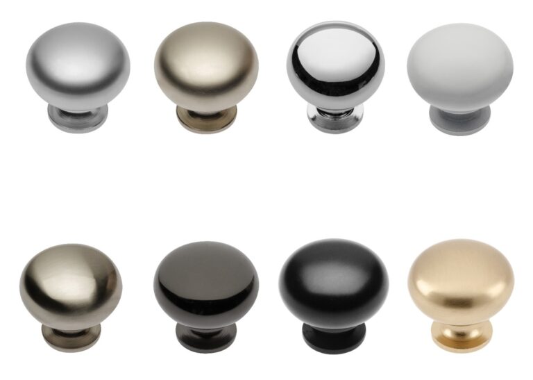 GTV Bergamo round cabinet knobs displayed in eight different finishes