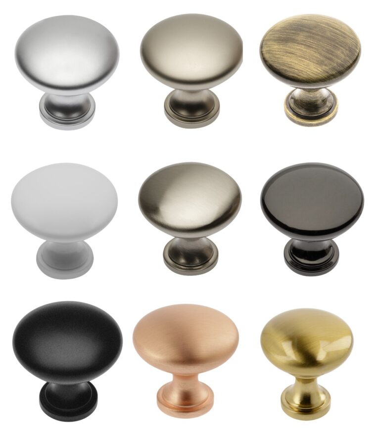 GTV Terni round cabinet knobs shown in a selection of metallic, white and dark finishes