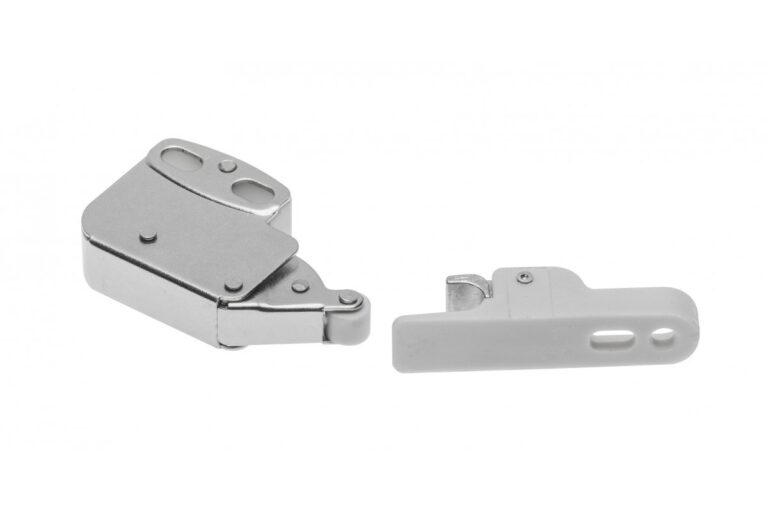 Spring-loaded cabinet door catch with a separate strike plate and slotted fixing holes