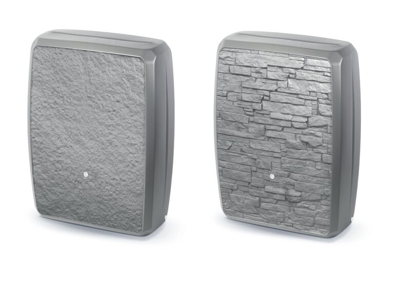 Two views of a grey slimline water butt showing its different stone-effect sides