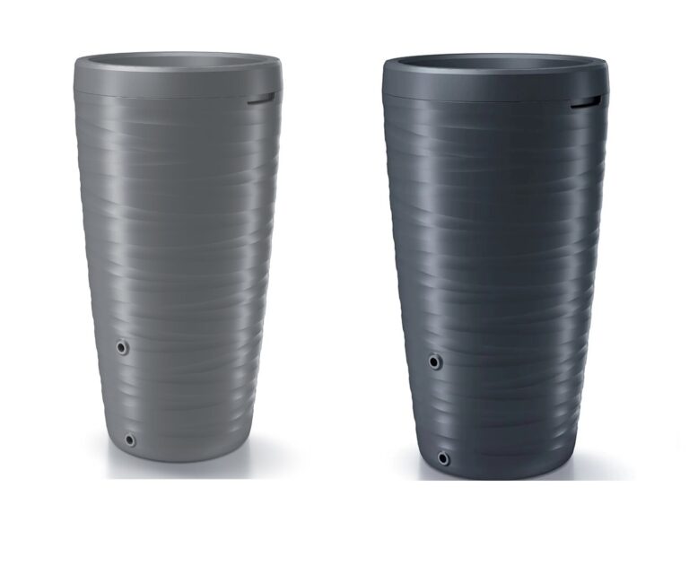 Light grey and anthracite Maze water butts with horizontal textured bands