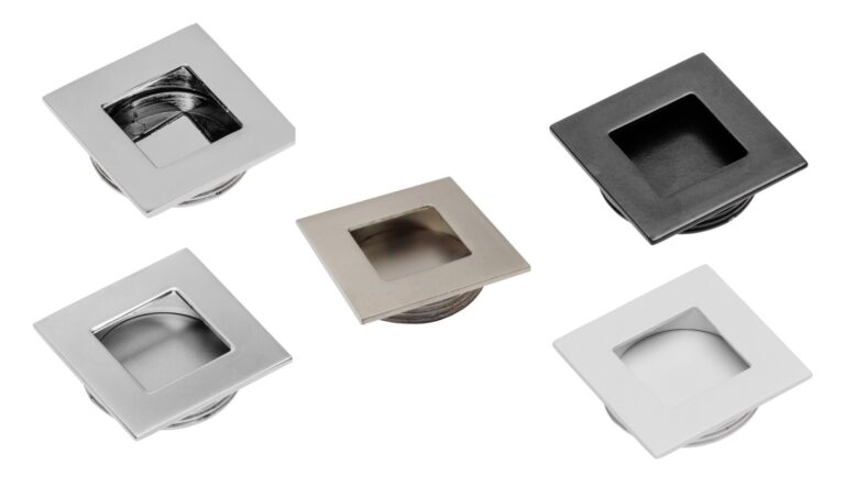 Square recessed finger pull handles shown in five finishes including chrome, black and white