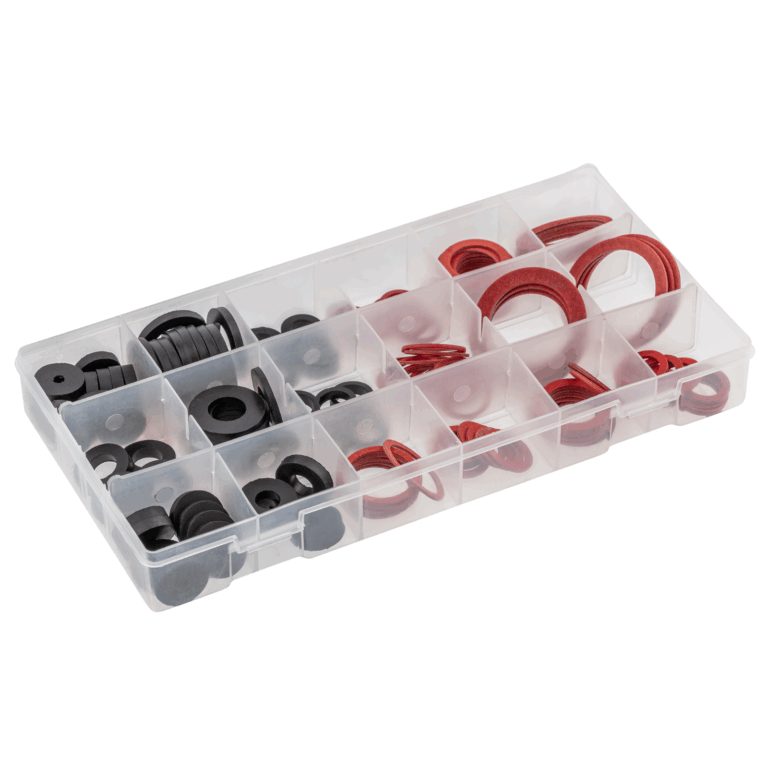 Black and red sealing washers sorted by size in a clear compartment storage box