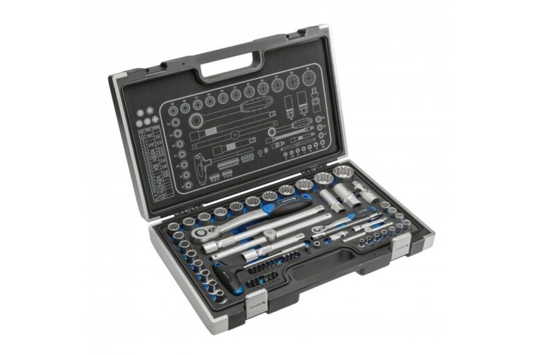 Open grey carry case containing two ratchets, sockets, extension bars and screwdriver bits
