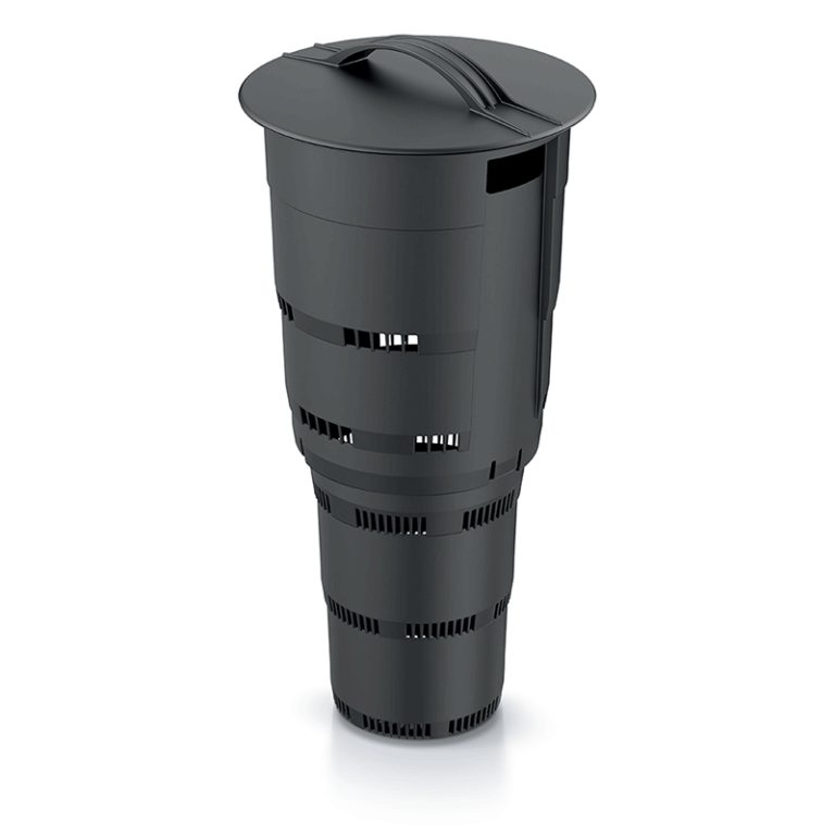 Black cylindrical underground composter with a handled lid and rows of ventilation slots