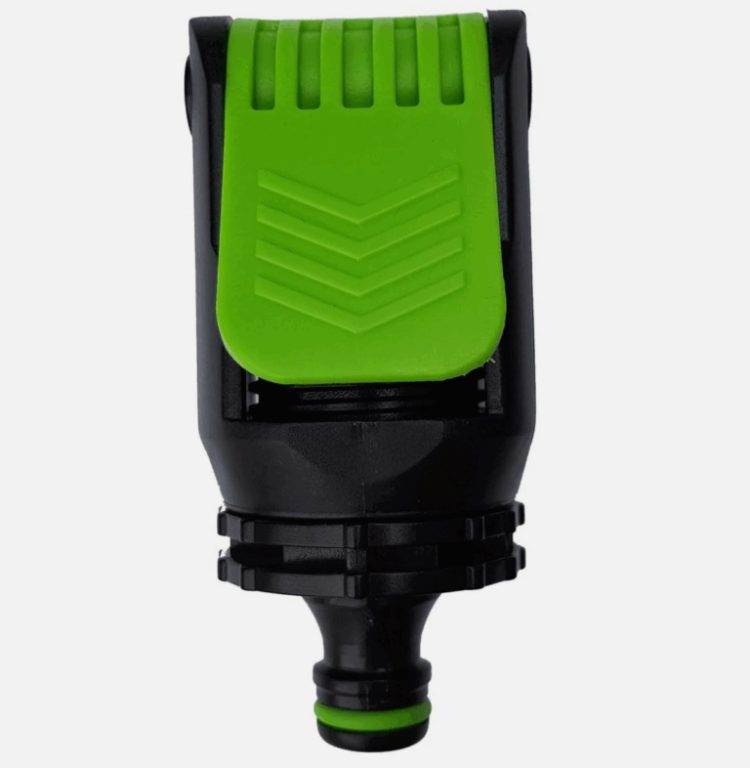 Green and black clamp-style tap adaptor with a male hose quick connector
