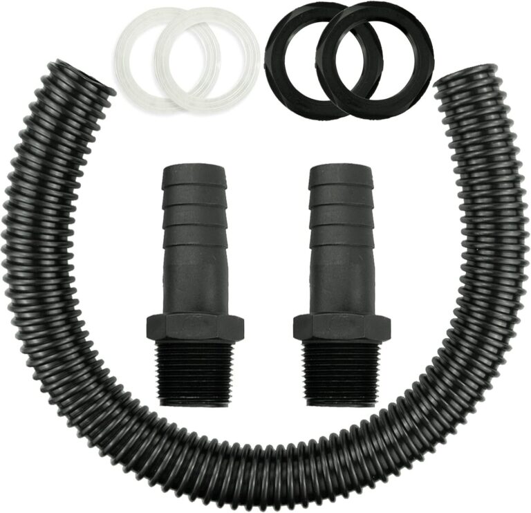 Seven-piece water butt connector kit with corrugated hose, two connectors, pads and nuts