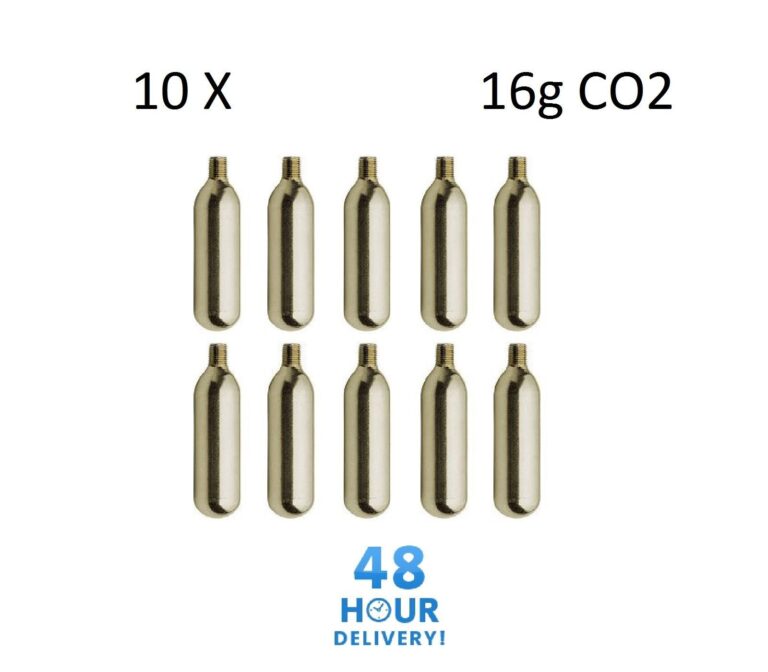 Ten threaded CO2 cartridges shown with a 10 x 16g CO2 label
