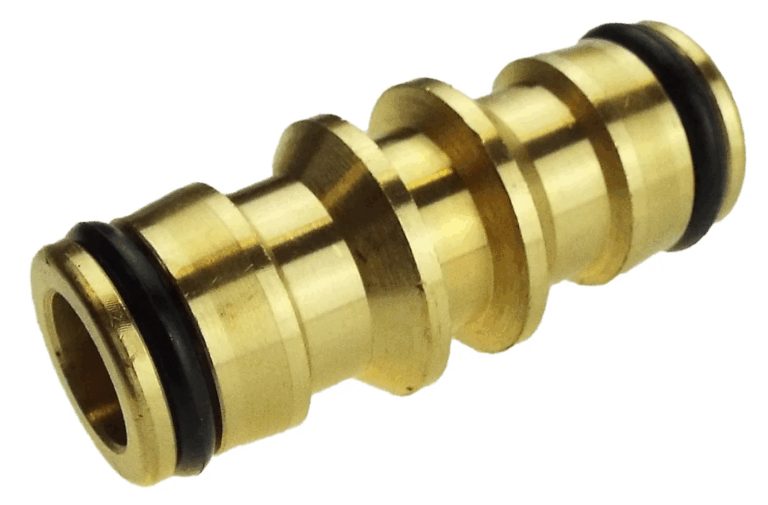Brass straight male-to-male hose joiner with a black sealing ring at each end