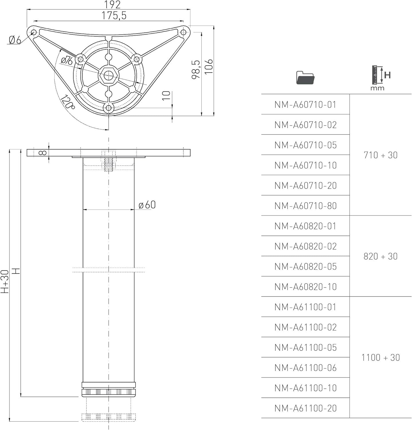 Adjustable Round Table Legs 60mm Steel Set of 4 - Image 2