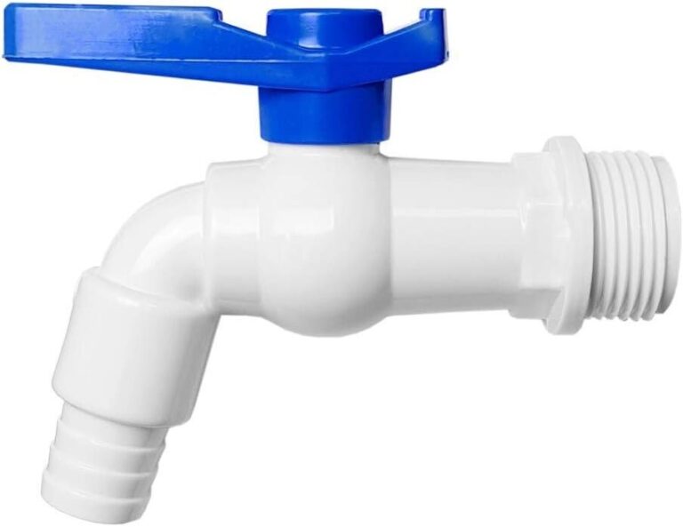 White water butt tap with blue handle and barbed hose-tail outlet