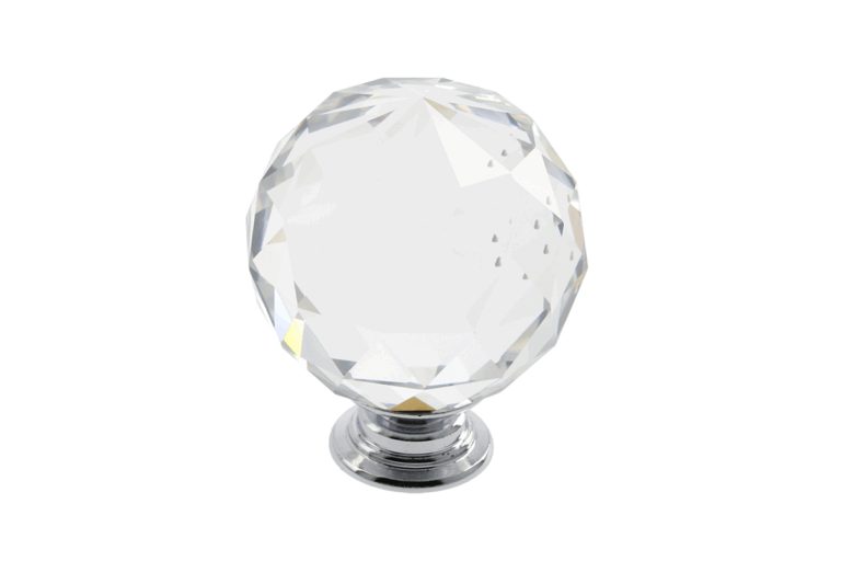 Clear faceted glass cabinet knob on a polished chrome-finish base