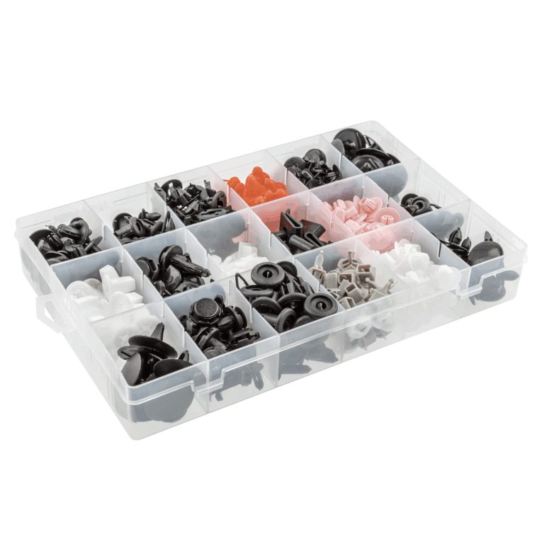 Assorted black, white, orange, pink and grey trim clips separated in a clear organiser box