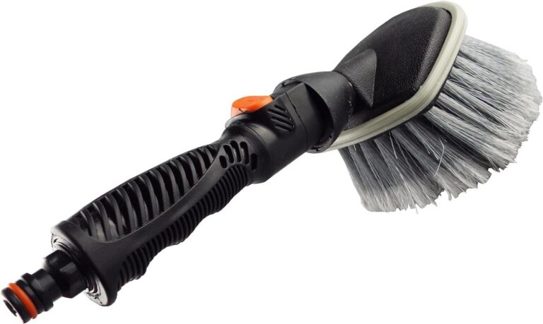 Black-handled wheel wash brush with grey bristles, an orange flow switch and a hose quick connector