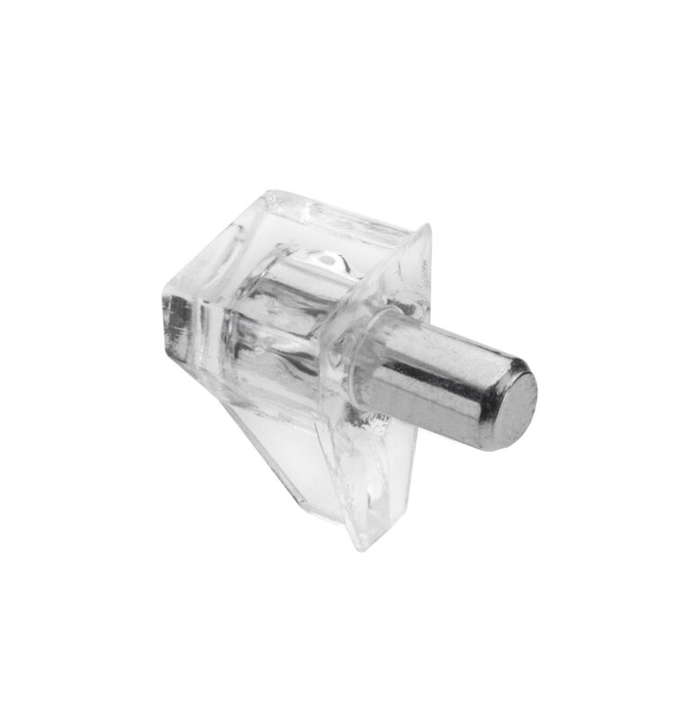 Clear shelf support with a cylindrical metal pin for a pre-drilled cabinet hole